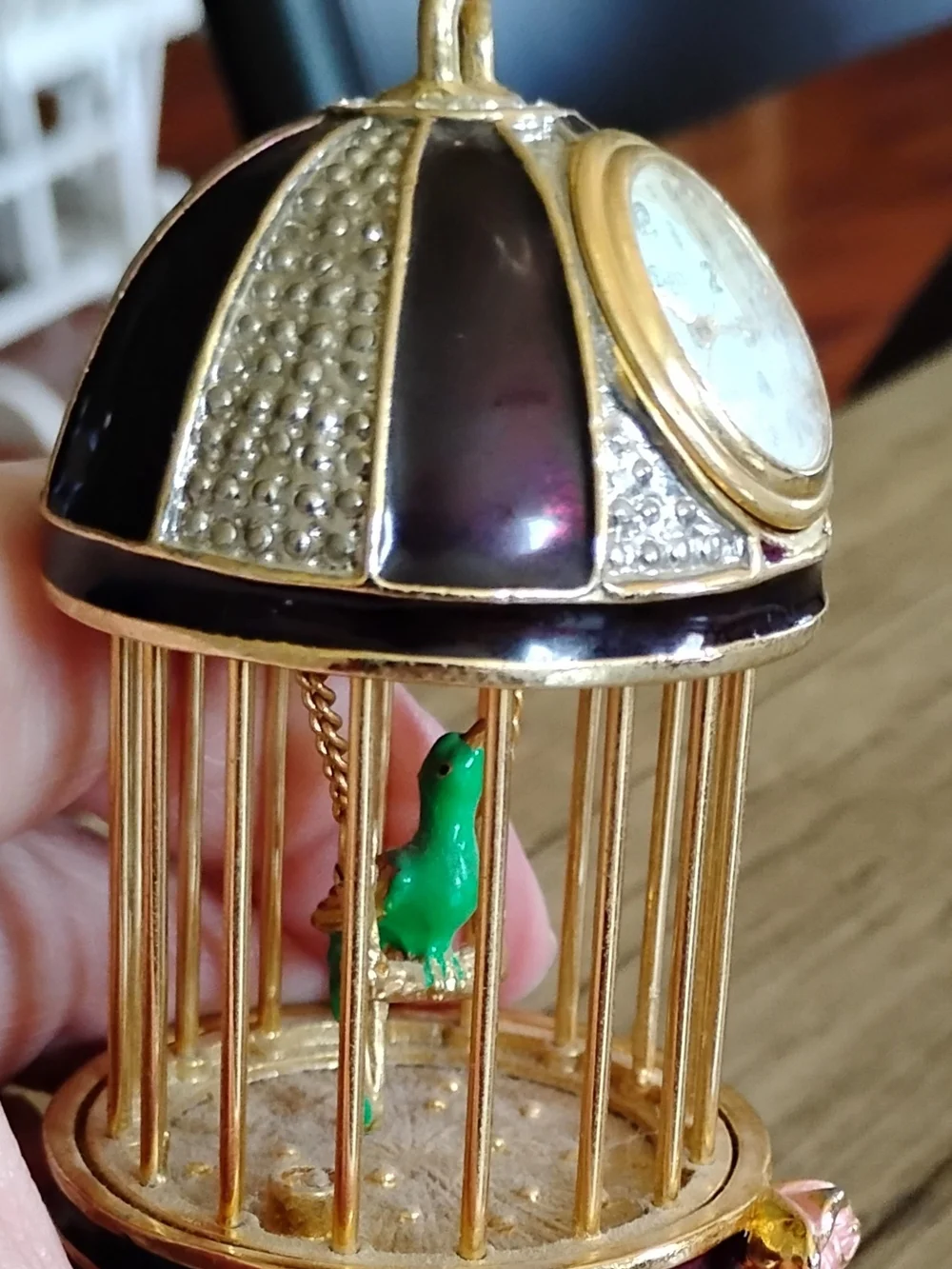 Elgin Clock Gold & Burgundy Enamel Birdcage With Green Bird On Swing Paperweight